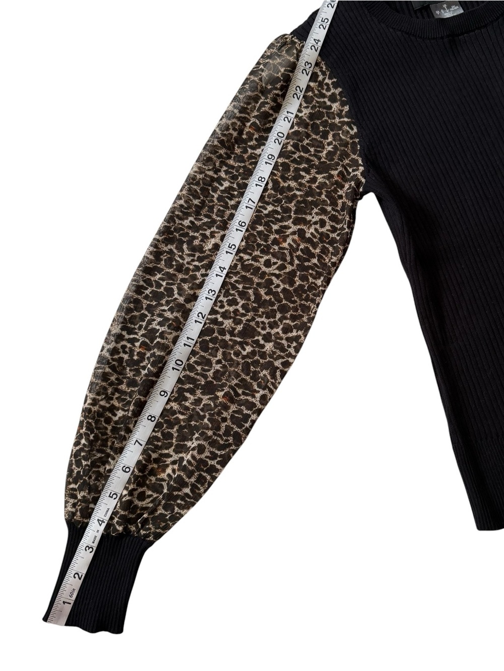DKNY Women's Sweater Size Small Black Ribbed Sheer Leopard Long Sleeve Top - Picture 8 of 10